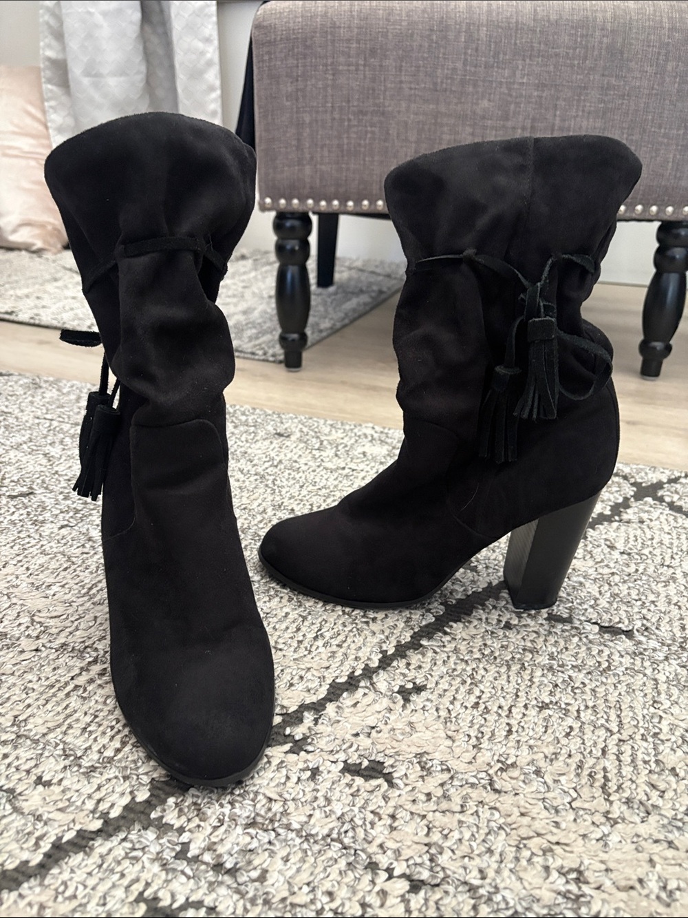 Black Faux Suede Mid-Calf Heeled Boots